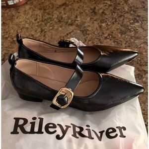 Riley River Black Flats with Gold Buckle brand new never worn